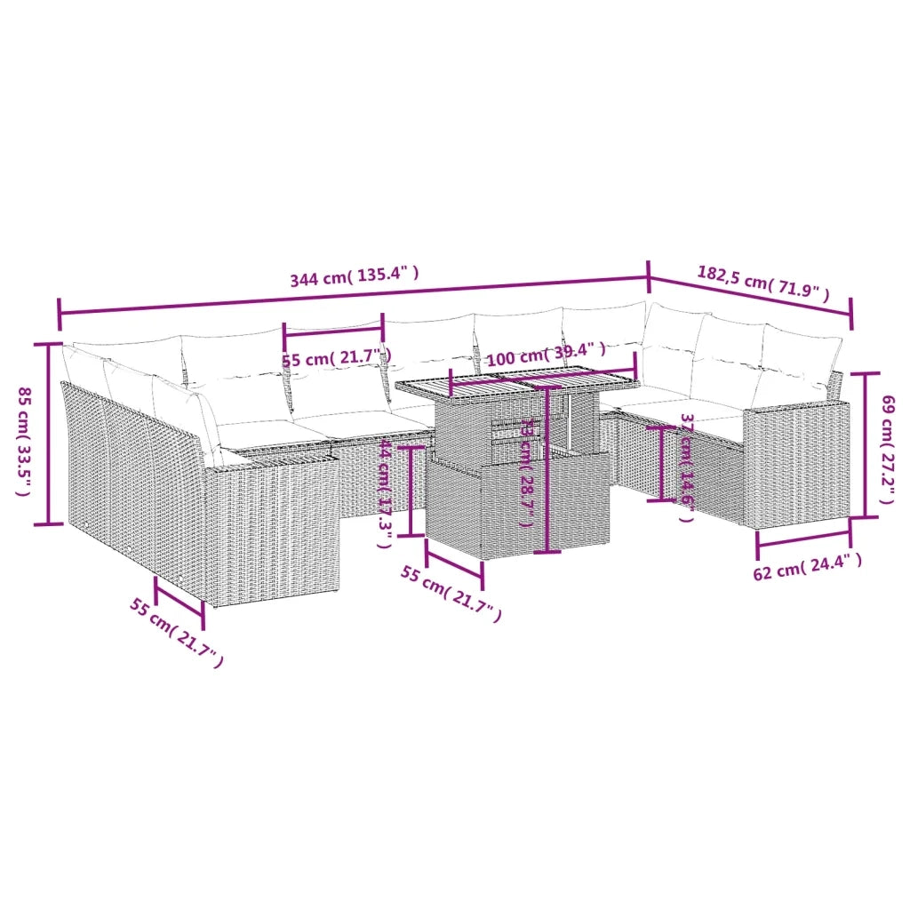 Set Divani da Giardino 11 pz con Cuscini in Polyrattan Grigio