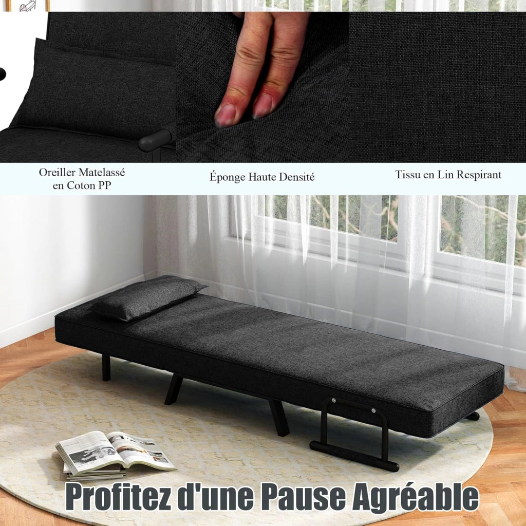 4 in 1 Poltrona Letto Singolo, Poltrona Pieghevole con Schienale Reclinabile a 6 Livelli, Divano Letto con Materasso e Cuscino, per Soggiorno e Salotto, 79 x 65 x 79 cm (Nero)