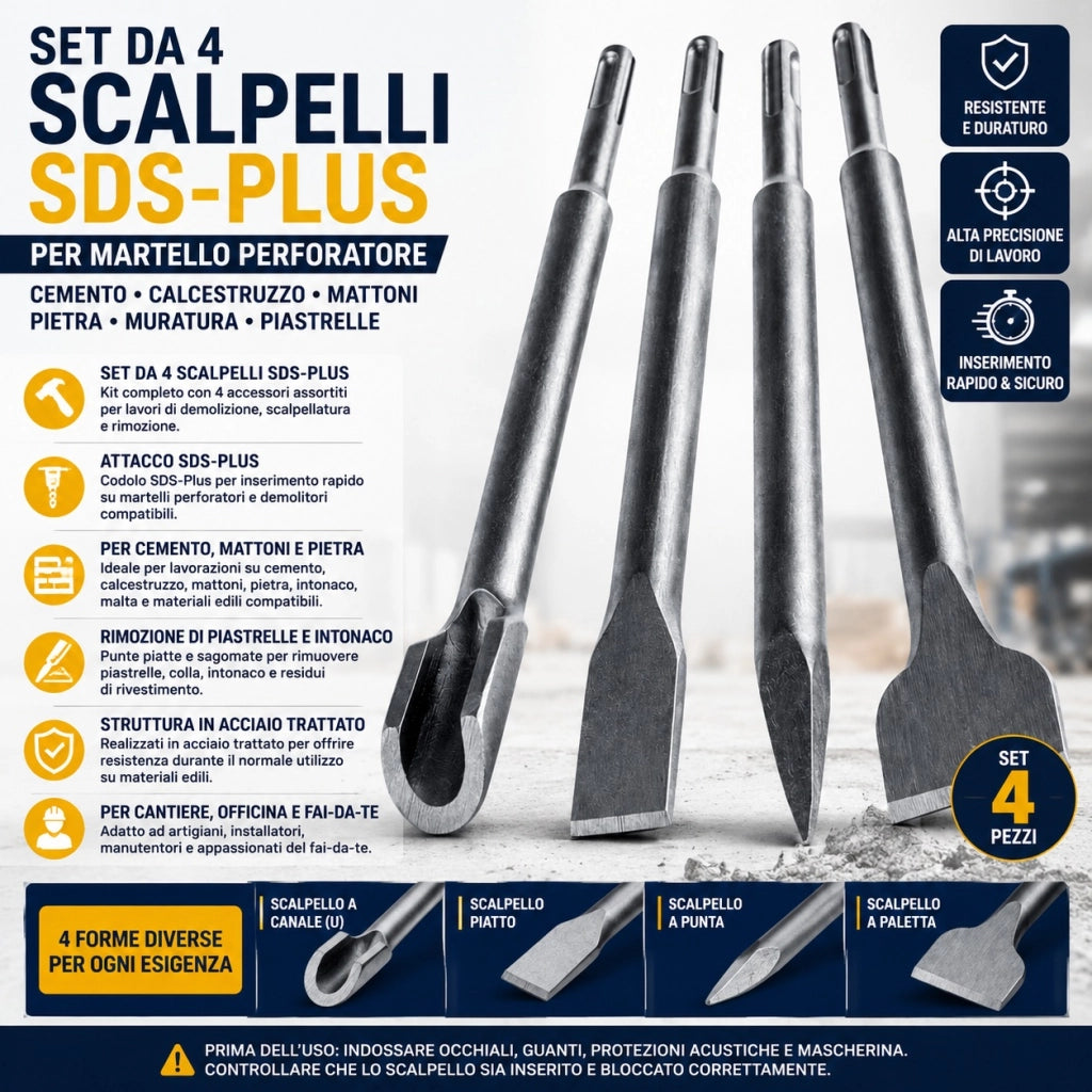 Set 4 Scalpelli SDS-Plus per Cemento Muratura e Piastrelle VHT02652