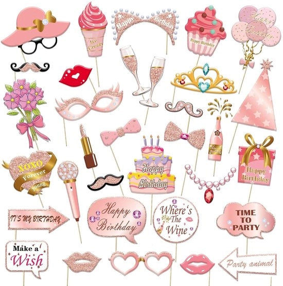 33 pezzi di accessori per foto per compleanno, scatola per foto rosé dorata, accessori per foto, accessori per compleanno, decorazioni per festa