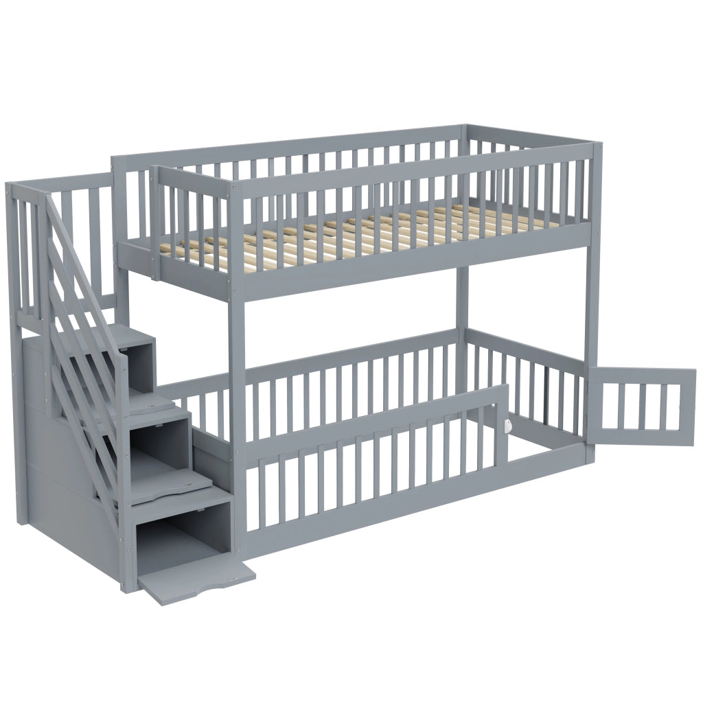 Letto a castello per bambini 90x200 - Zephmum - Grigio con scala di sicurezza e cassetti