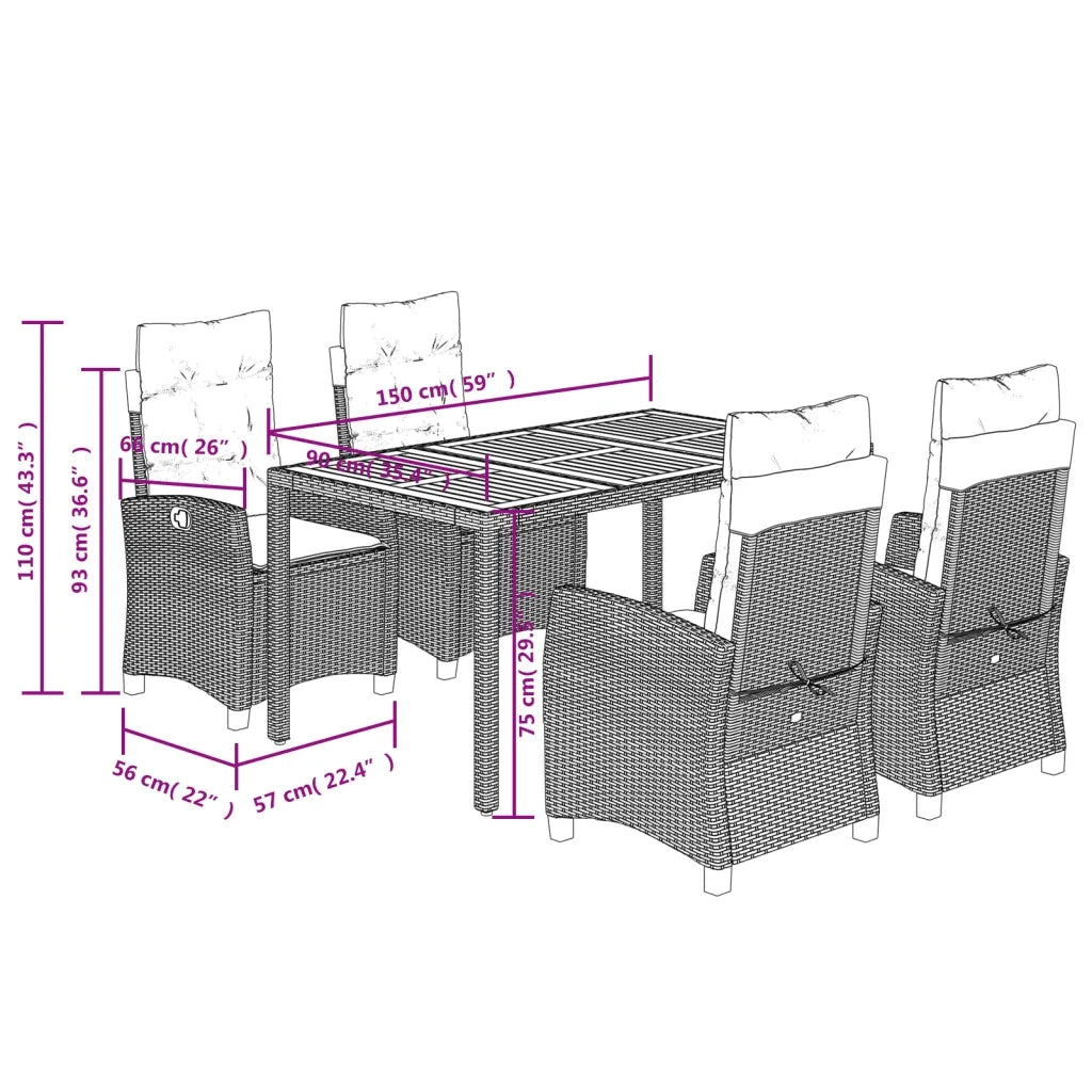 Set da Pranzo da Giardino 5 pz Nero con Cuscini in Polyrattan