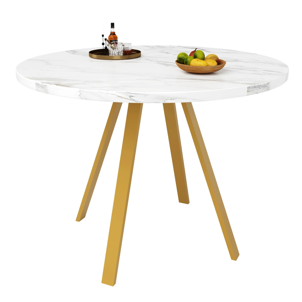 Tavolo Rotondo da Pranzo ¨C Xylo ¨C Piano Effetto Marmo Bianco, Gambe in Metallo Oro, 80x80x75 cm