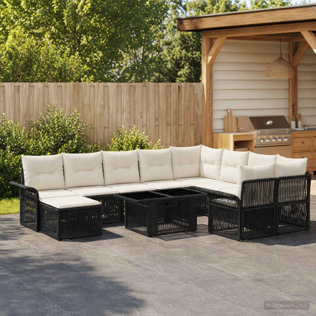 Set Divano da Giardino 11 pz Nero e Bianco Crema polyrattan 3436729