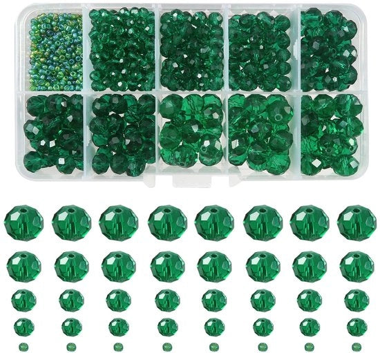 Kralen in Cristallo 1000 Pezzi - Verde Scuro - 2mm/4mm/6mm/8mm/10mm - Perle di Decorazione - Manufatti a Mano - Cristallo Latticinioso - Perle per Gioielli