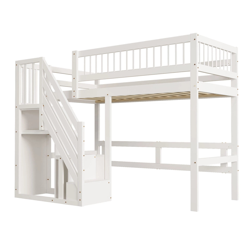 Letto singolo 90x200 cm; scala con contenitore; legno; bianco (Senza materasso)