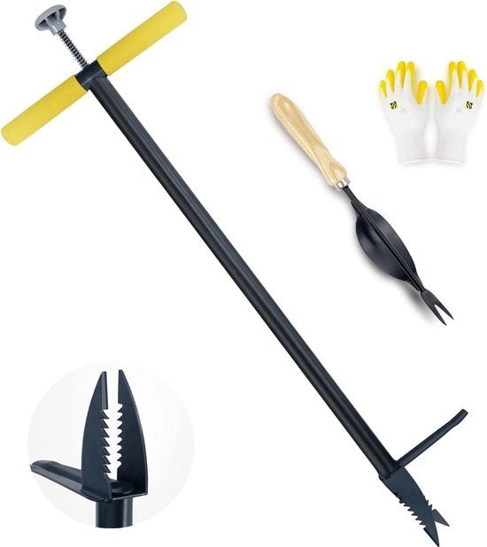 Strumento per estrarre erbacce del giardino e rimuovere radici, rimuove erbacce con pedale, estira e gira manualmente le erbacce 102cm (Pacco Combinato - Estiratore di erbacce in piedi & Estiratore di erbacce a mano & Guanti da giardiniere)