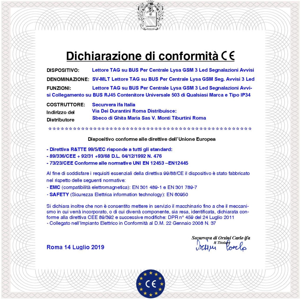 Lettore TAG Chiavi di Prossimità Univoche Per Centrale Allarme Lysa evo GSM Tre Led Segnalano Stato e Funzioni Antifurto Collegamento BUS Contenitore LAN 503 Universale Codice Indirizzo Prot. IP34