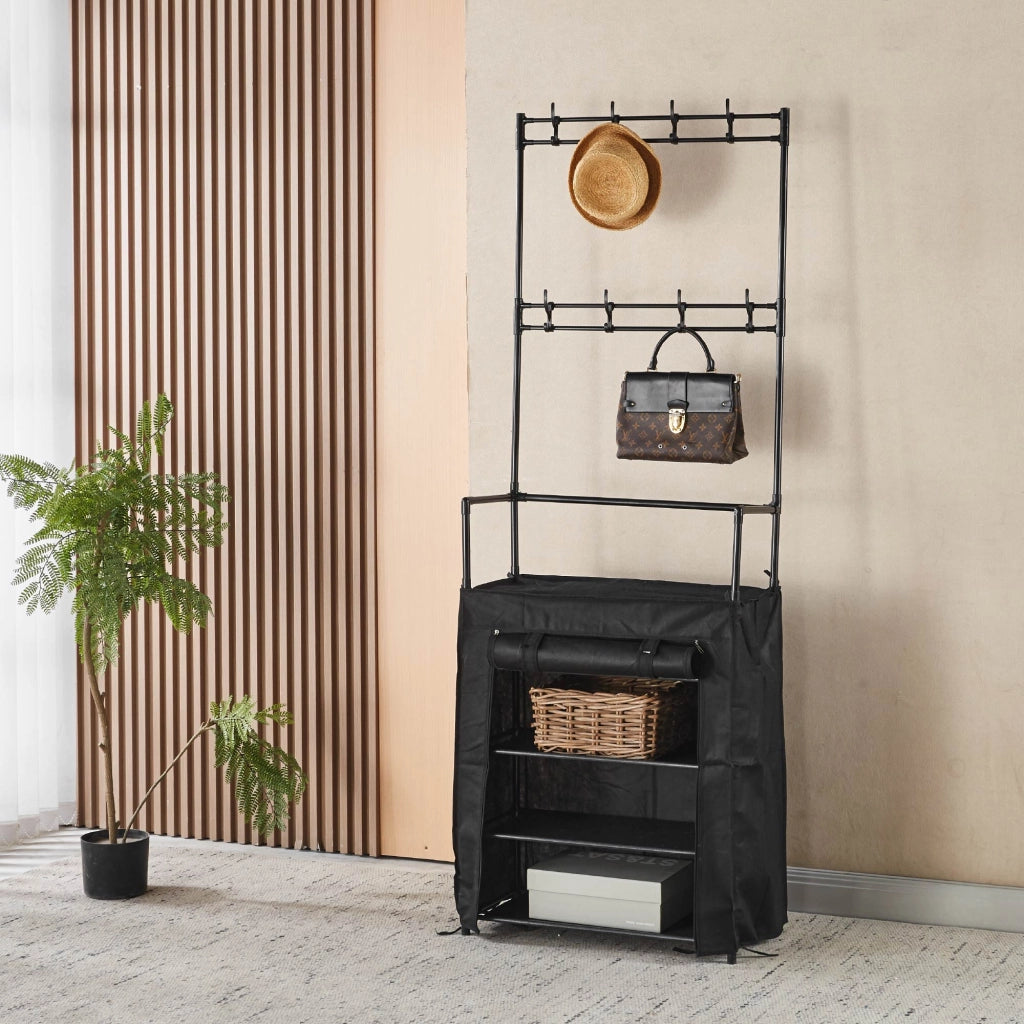 Scarpiera con Appendiabiti Salvaspazio 60/80x26x168 cm, Armadio Portascarpe in Metallo con 10 Ganci, Mobile Ingresso Rivestito in Tessuto Nero, Organizzatore per Ingresso e Camera 60x26x168-Tania