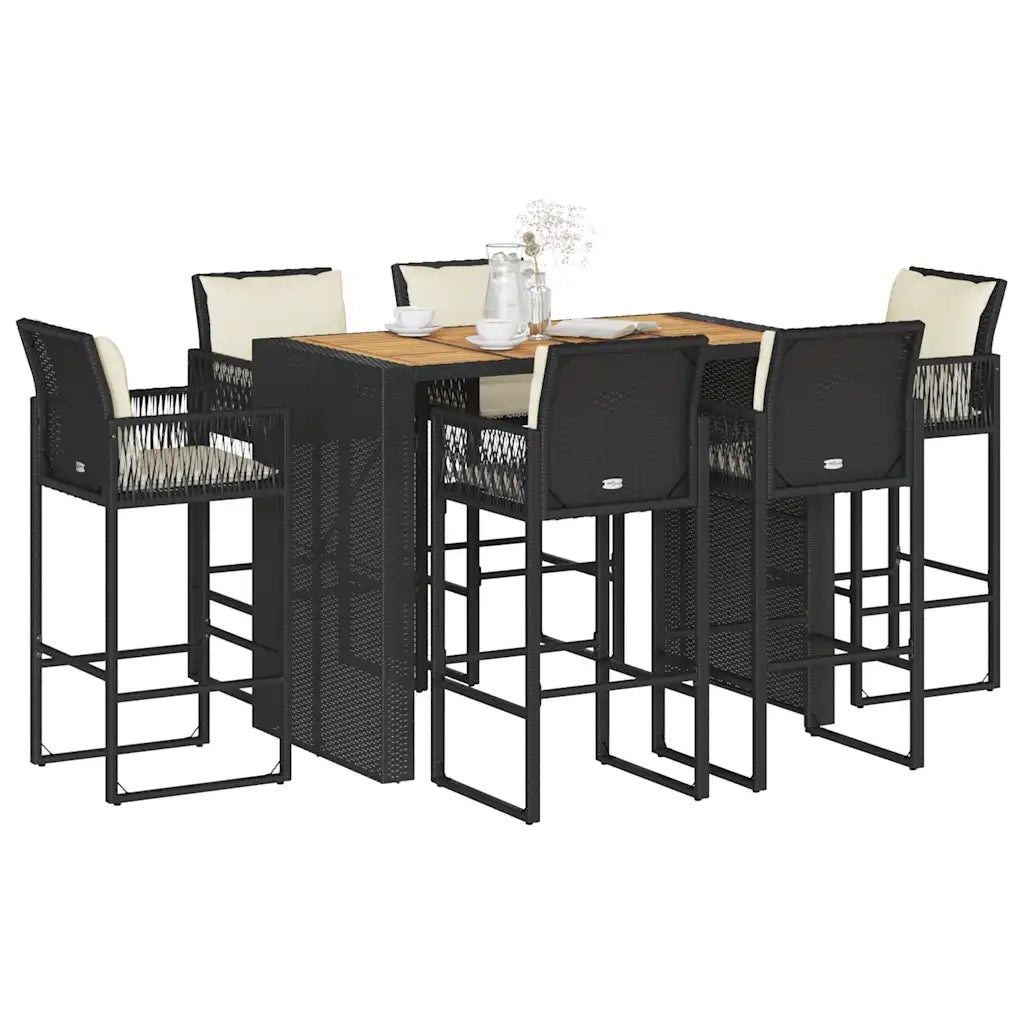 Set Bar da Giardino 7 pz con Cuscini Nero in Polyrattan Acacia 3328902