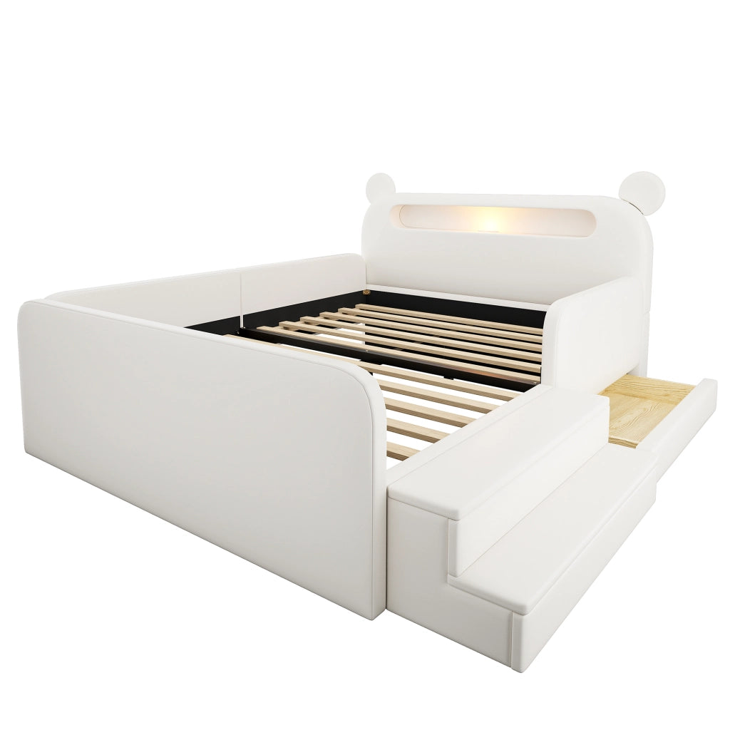 Letto imbottito per bambini con testiera a orso e USB, 140x200 cm, bianco