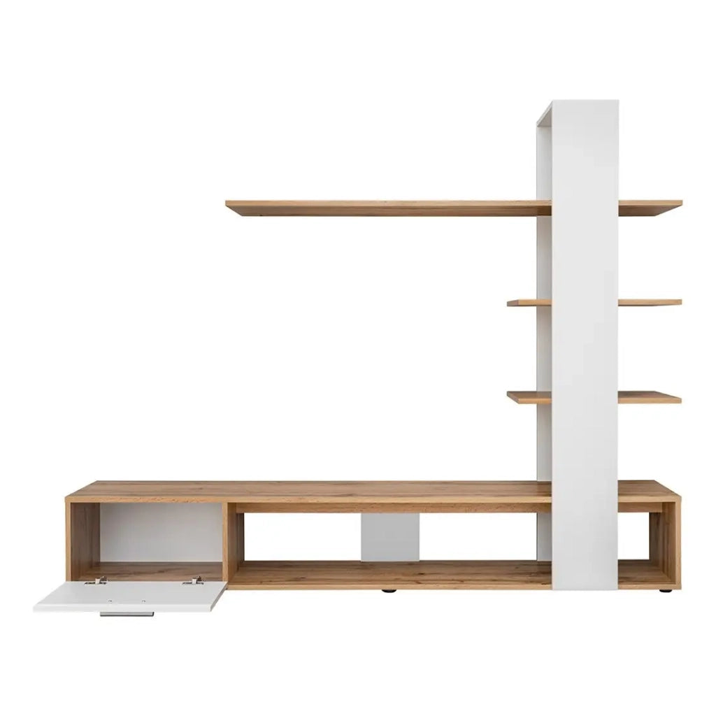 Mobile porta TV con libreria e scaffali integrati, collezione CLEO. Colori bianco e rovere.