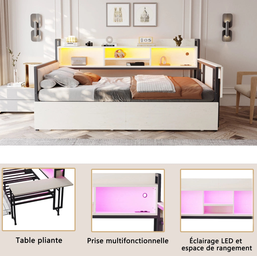 Letto singolo multifunzione 90x200 cm con LED, scrivania e cassetti