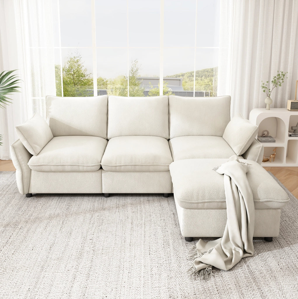 Divano angolare L in ciniglia beige con 2 cuscini