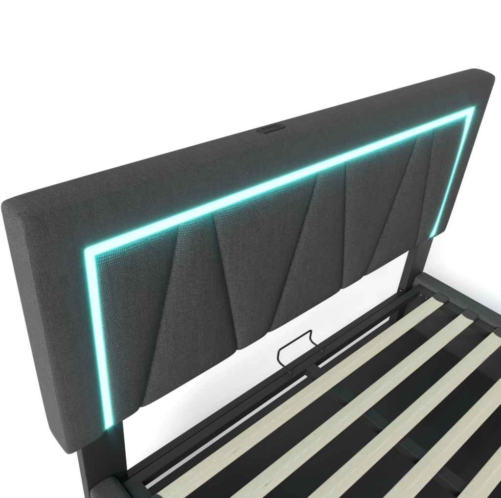 Letto matrimoniale 140x200 cm con LED; USB e Type-C; contenitore; in lino grigio