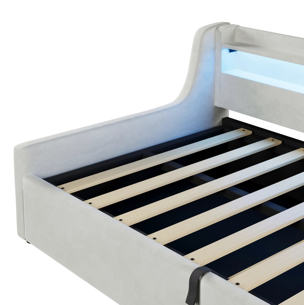 Letto singolo imbottito 90x200 cm con LED e vano contenitore