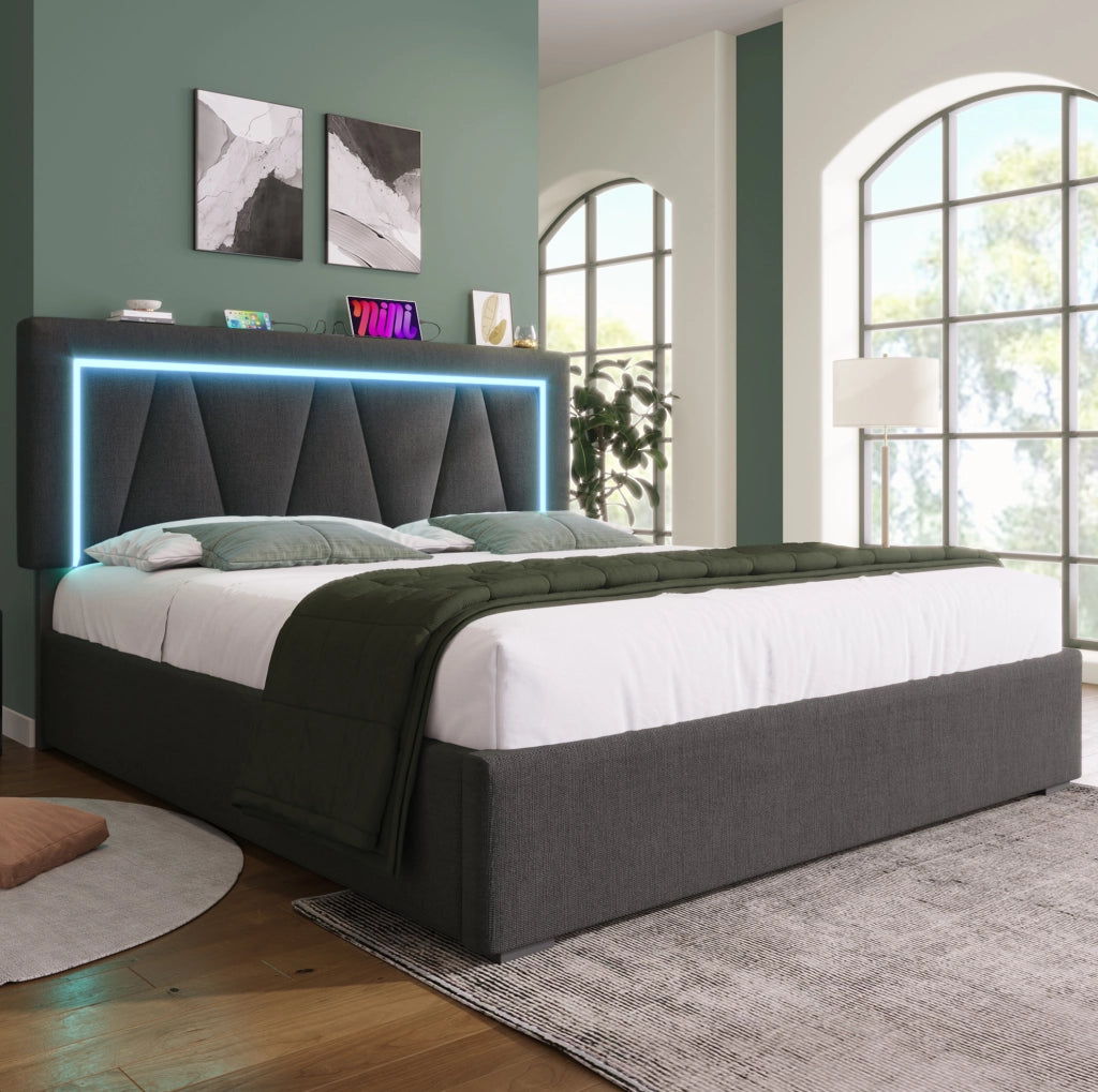 Letto imbottito 160x200 cm con LED; USB e Type-C; contenitore; materasso incluso; grigio