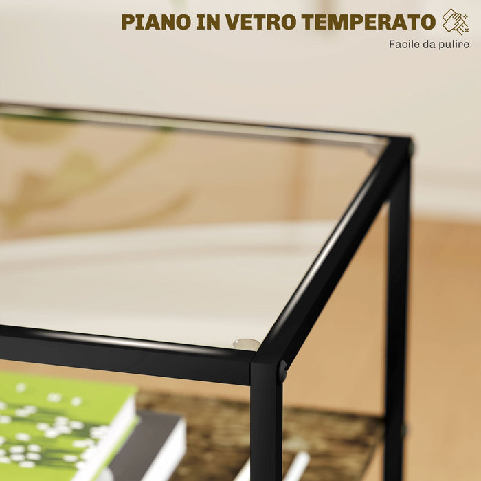 Set 2 Tavolini a 3 Livelli in Legno e Metallo con Piano in Vetro Temperato 37x40x55,5 cm Marrone