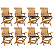 Sedie da Giardino con Cuscini Neri 8 pz Legno Massello di Teak