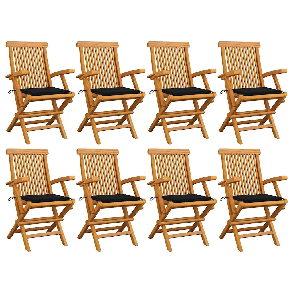 Sedie da Giardino con Cuscini Neri 8 pz Legno Massello di Teak
