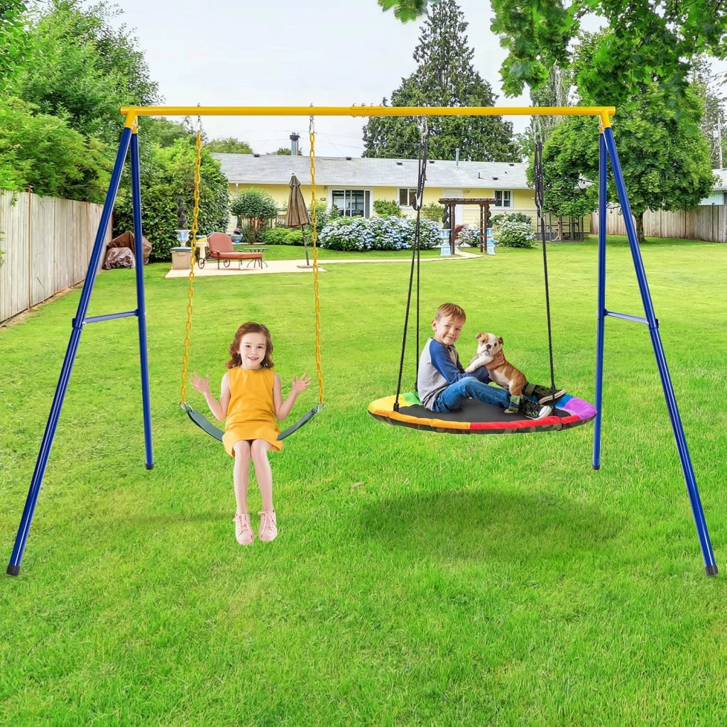 Set Altalena da Giardino,Struttura di Metallo per Altalena con 1 Sedile Altalena in EVA Morbido e 1 Altalena Nido,Struttura ad A Resistente per Altalena,Capacità 300kg,ideale per parco,giochi