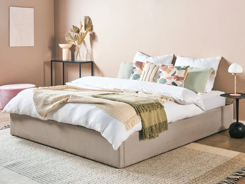 Letto a doghe in tessuto di poliestere beige imbottito ottomana contenitore 180 x 200 cm design moderno