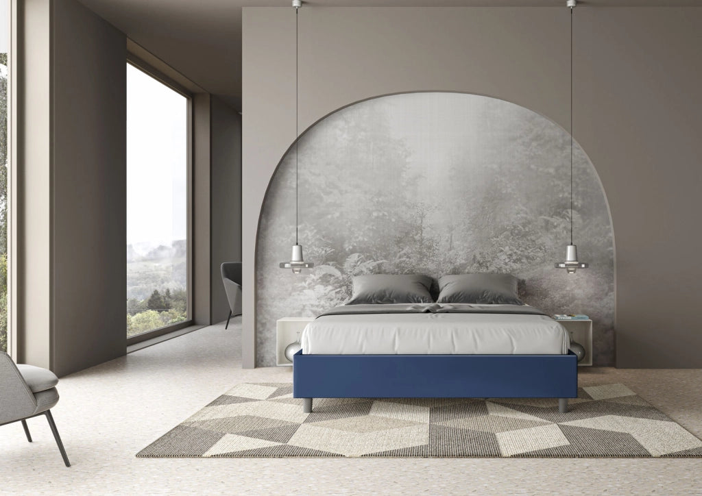 Letto Matrimoniale 160x190 cm con Rete e Contenitore Senza Testata Imbottito in Similpelle Azelia Blu