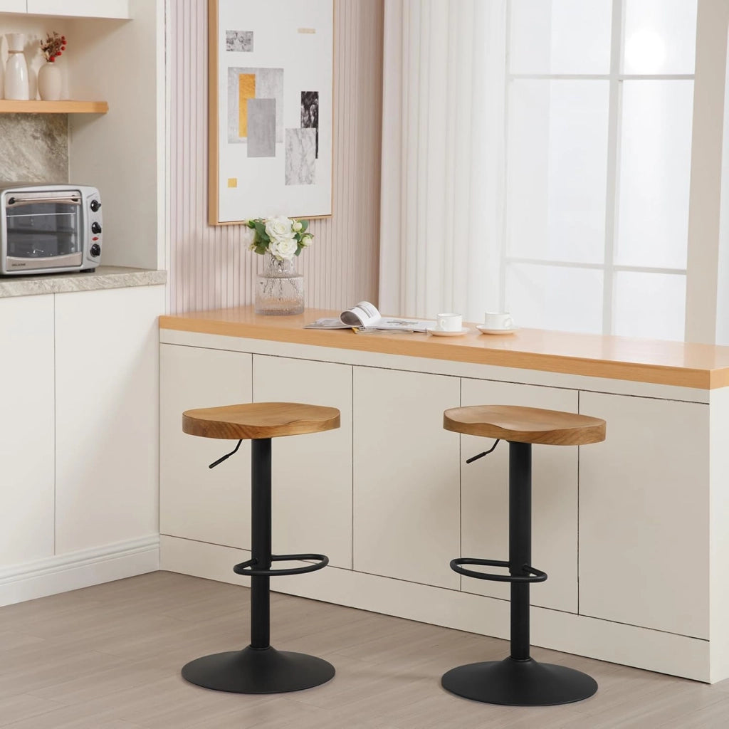 Sgabelli da Bar Set di 2, per Colazione in Legno Massiccio, Sgabelli Cucina a Sella, Altezza Regolabile, Sgabelli Girevoli a 360° con Poggiapiedi, legno scuro,BH413dc-2