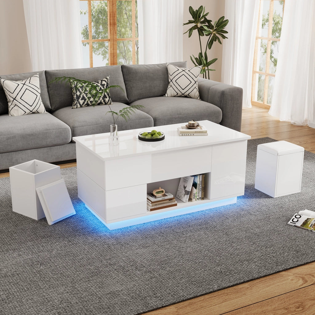 TAVOLINO DA CAFFÈ Sollevabile 100x50x45 cm Bianco con LED e 2 Pouf