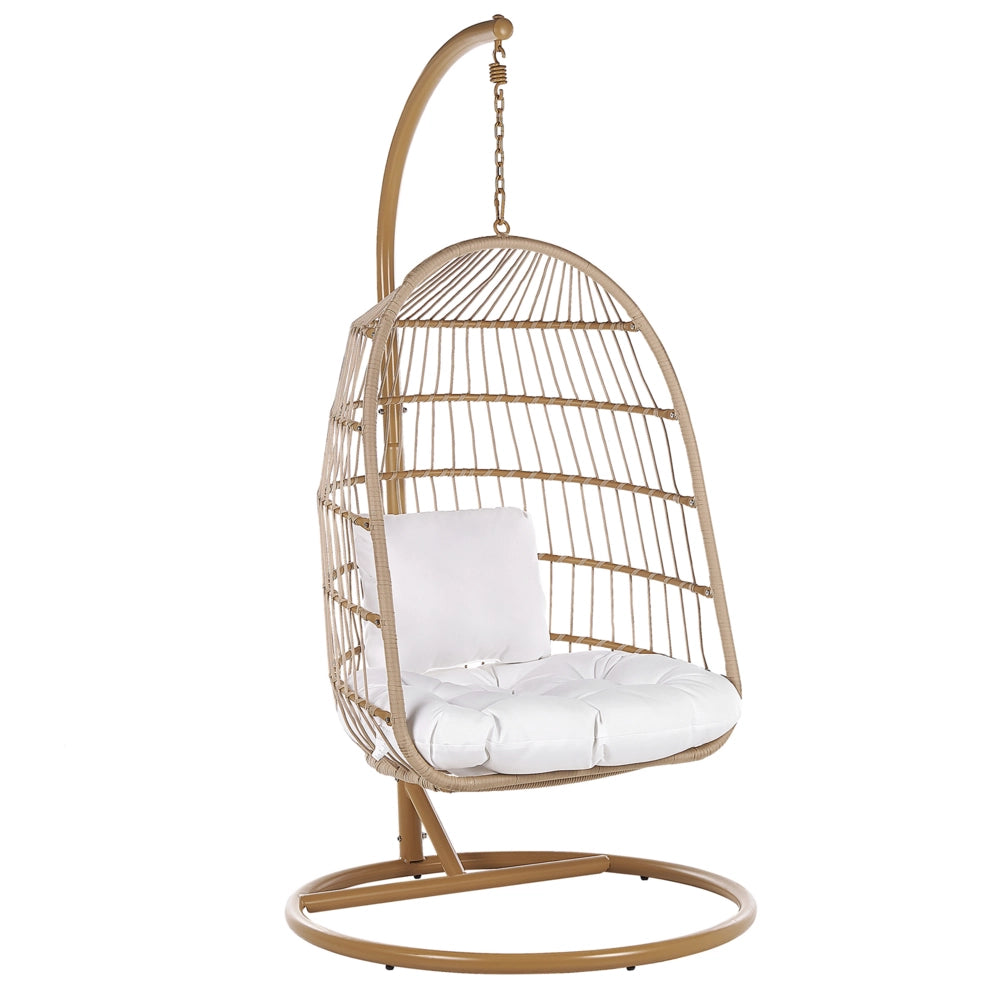Sedia a uovo a dondolo in corda beige Supporto in acciaio Cuscino da seduta morbido Boho Rustico Soggiorno Terrazza