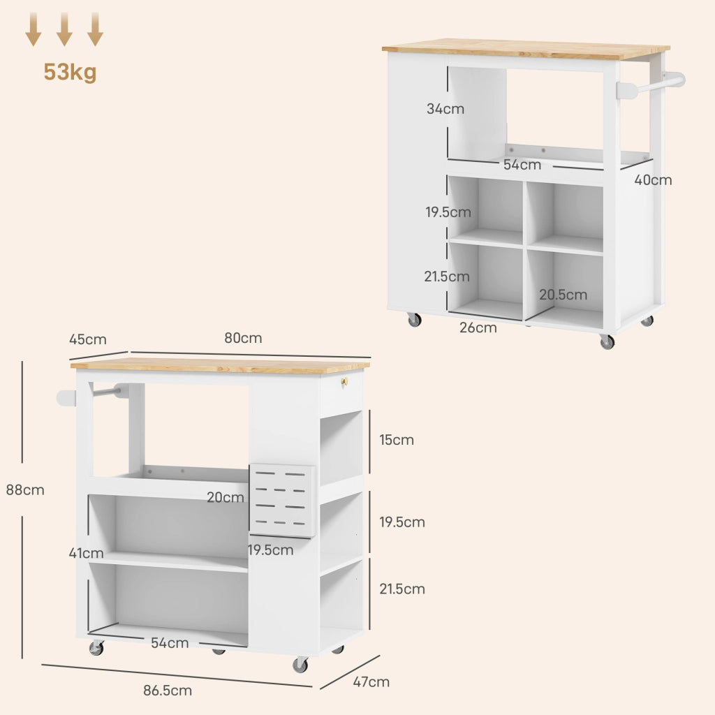 Carrello Isola da Cucina con Ripiani Regolabili, Portacoltelli e Piano in Legno, 86.5x47x88 cm, Bianco