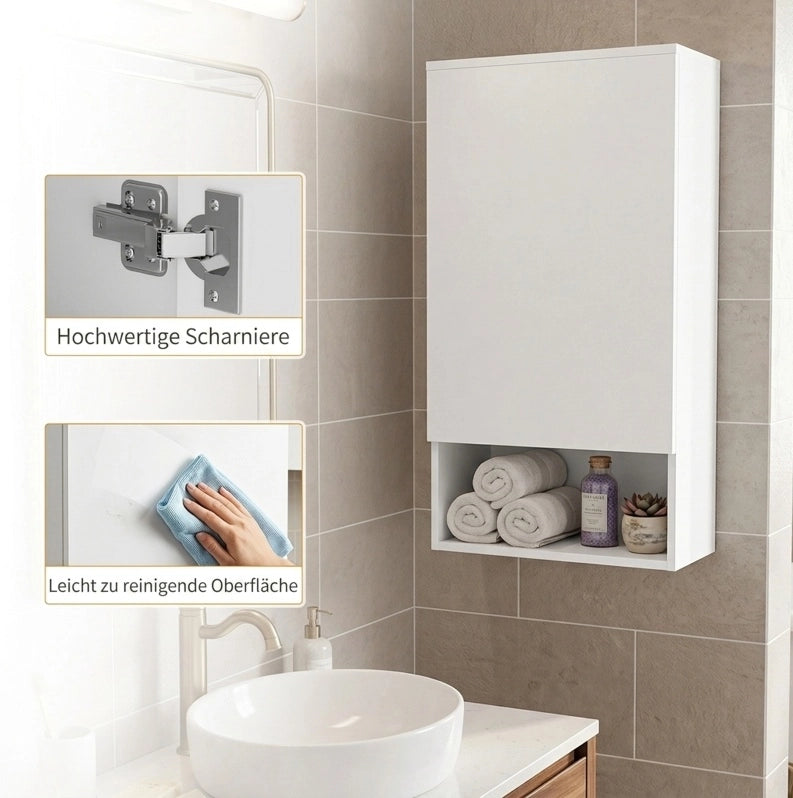 Mobile bagno sospeso bianco con anta, ripiani regolabili e vano aperto