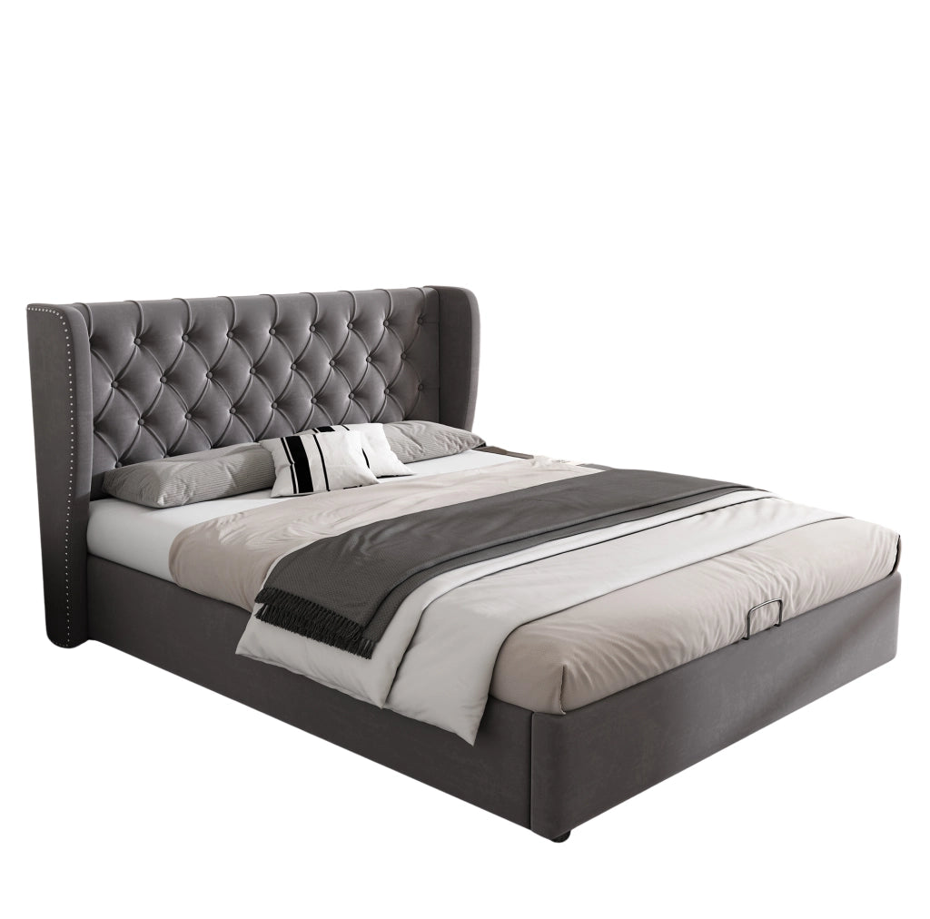 Letto matrimoniale imbottito con contenitore 140x190 cm in velluto grigio