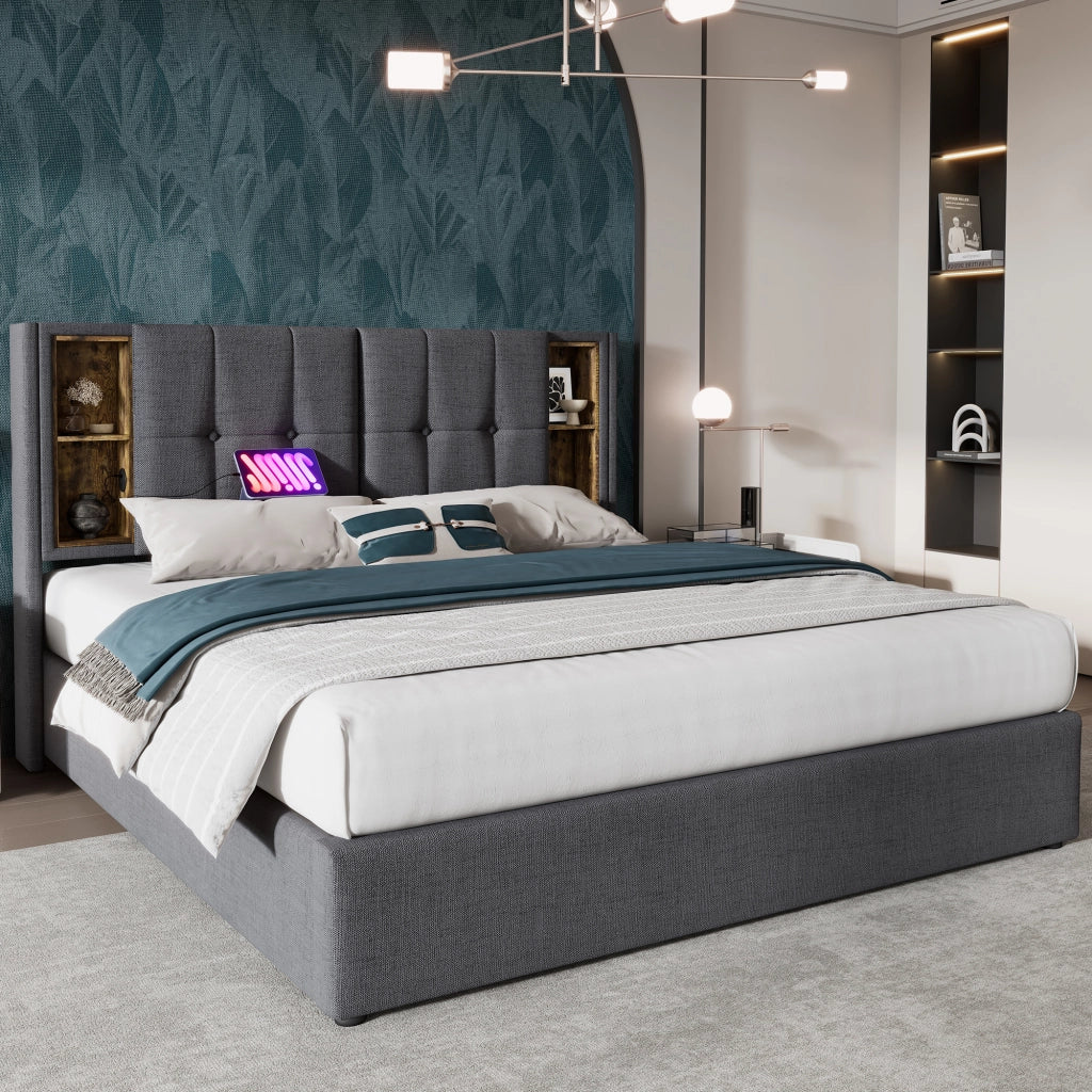 Letti contenitori 180x200 cm; ricarica wireless e USB; cotone grigio (Senza materasso)