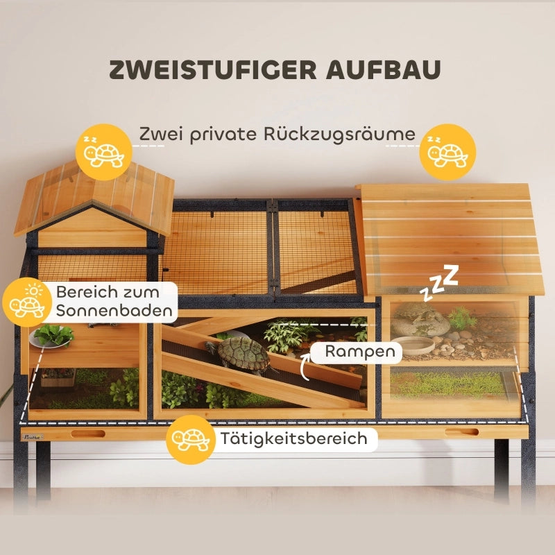 TARTARUGHIERA a due livelli 129x65x15 cm in legno giallo con finestre e rampe