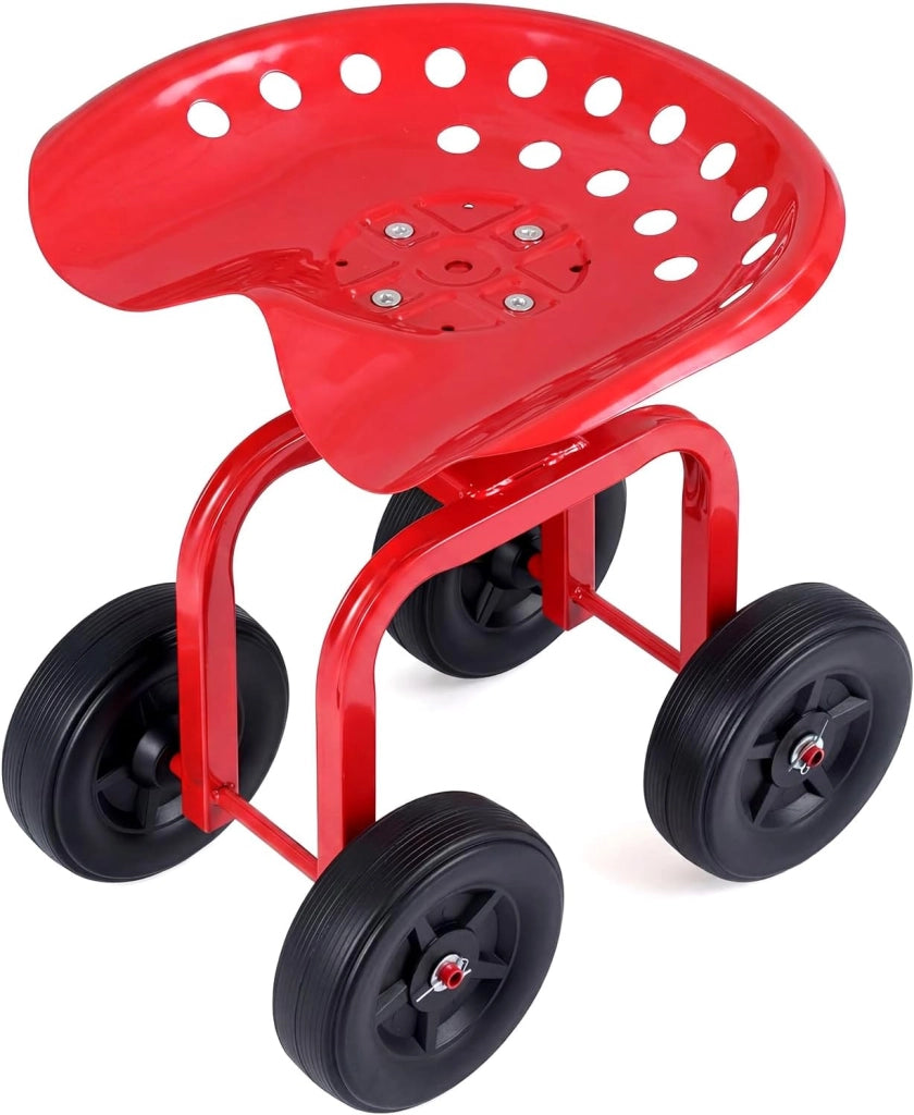 Sgabello con Ruote per Giardinaggio, Sedile con Ruote Regolabile in Altezza e Portatile, Seggiolino da Giardino, Prato e Cortile, Portata 150kg (Rosso)