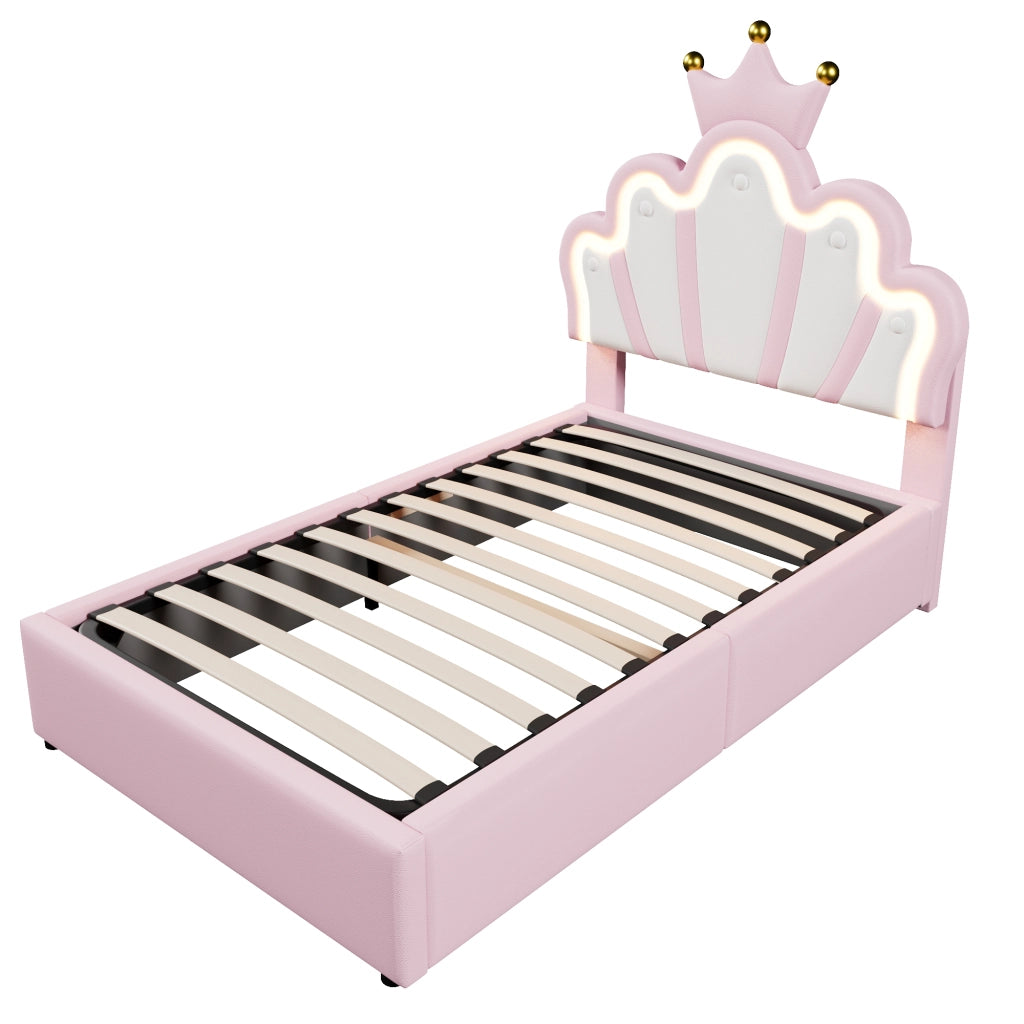 Crown Princess Single Bed 90x200cm con meccanismo idraulico di sollevamento in PU rosa