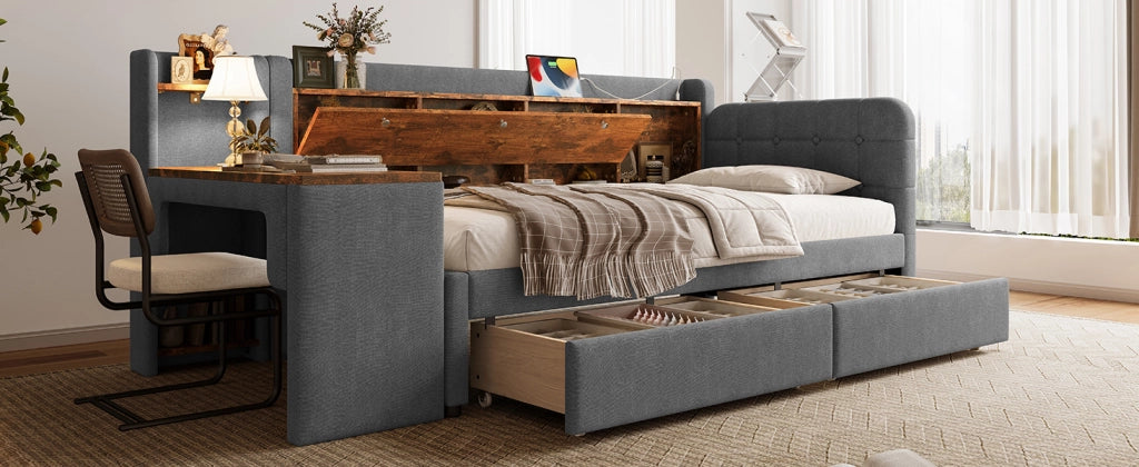DESMIU Letto banquette 90 × 200 cm 1 piazza con 2 cassetti, scrivania, USB, Type-C e vano, senza materasso, grigio