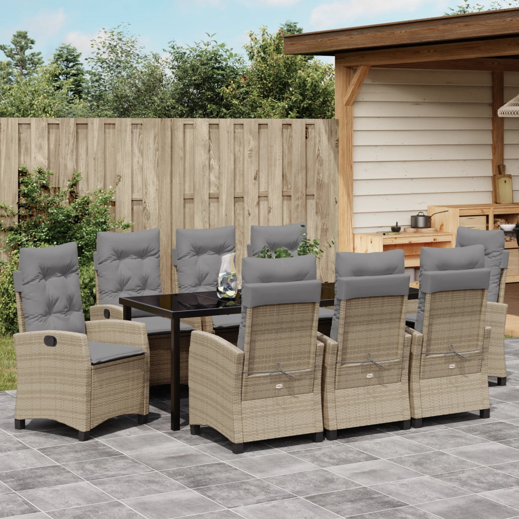 Set da Pranzo da Giardino 9 Pezzi con Cuscini Beige in Polyrattan