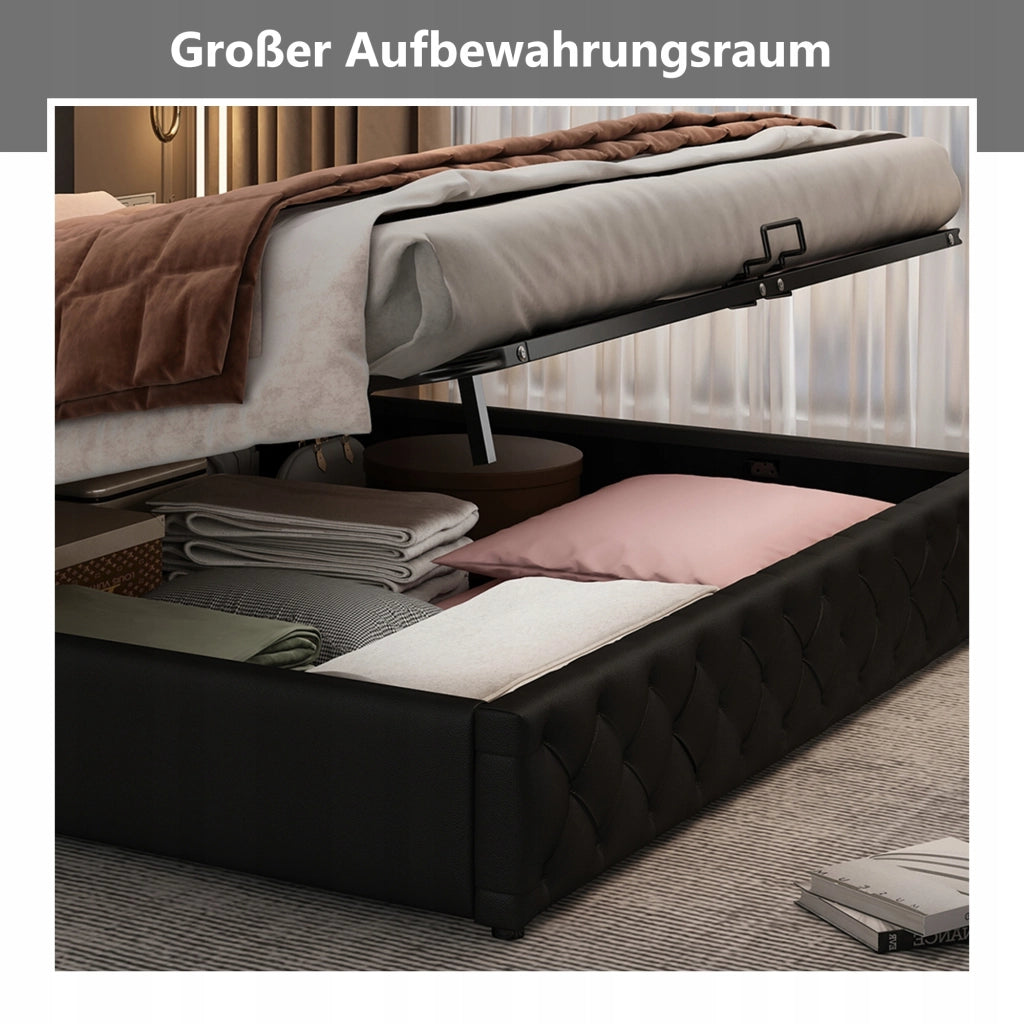 Letto Matrimoniale LED - Xylo - 140x200cm, Schowek, Nero