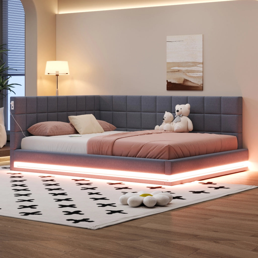 Divano letto 160x200 cm con LED e USB in lino grigio