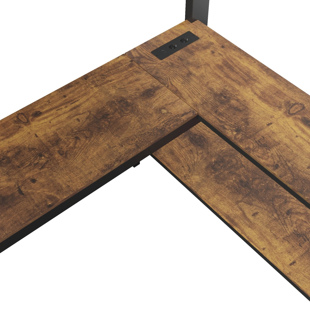 Hochbett 140x200 cm vintage marrone nero con scrivania angolare; LED; prese USB e contenitore