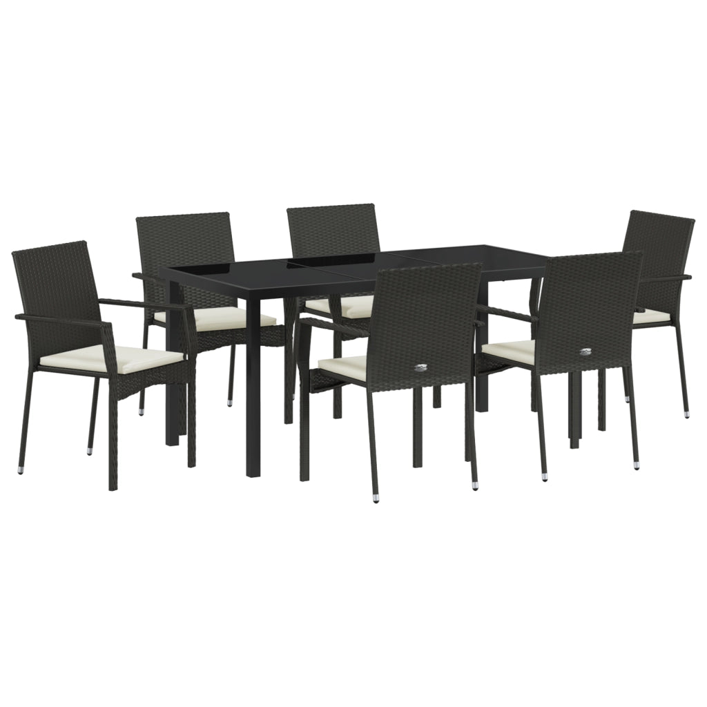Set da Pranzo da Giardino con Cuscini Nero Polyrattan