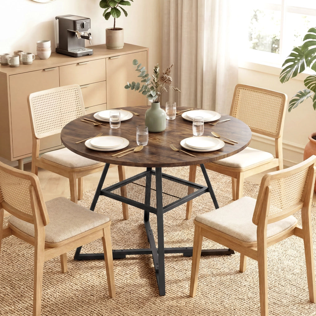 Tavolo da pranzo 4 posti, 100 cm rotondo, cucina industriale, ripiano portaoggetti, marrone rustico.