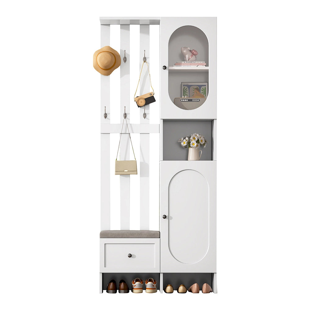 Armadio ingresso compatto 2 ante 85x33.5x200 cm - Xylo - con vetro temperato, panchina imbottita, bianco