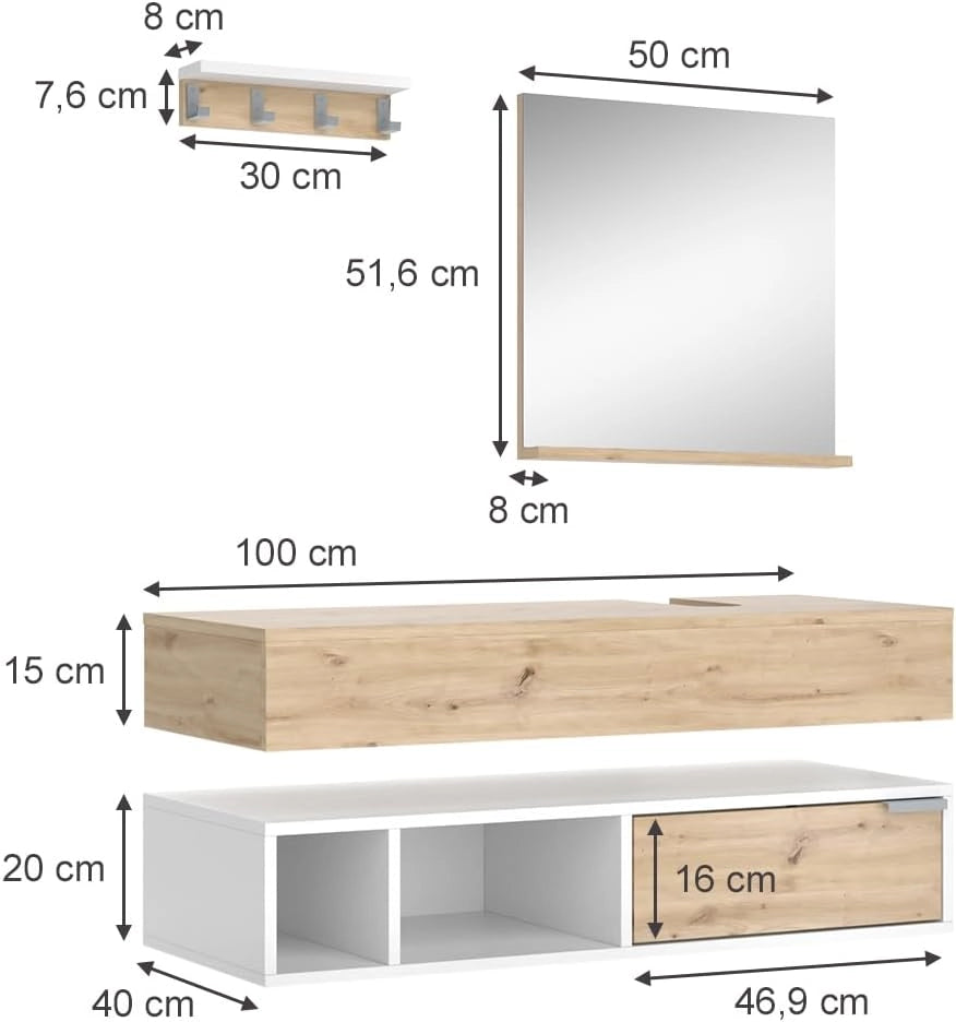 Set di mobili da bagno Henri, Bianco, 100 cm, composto da mobile sottolavabo, specchiera e mobile medio
