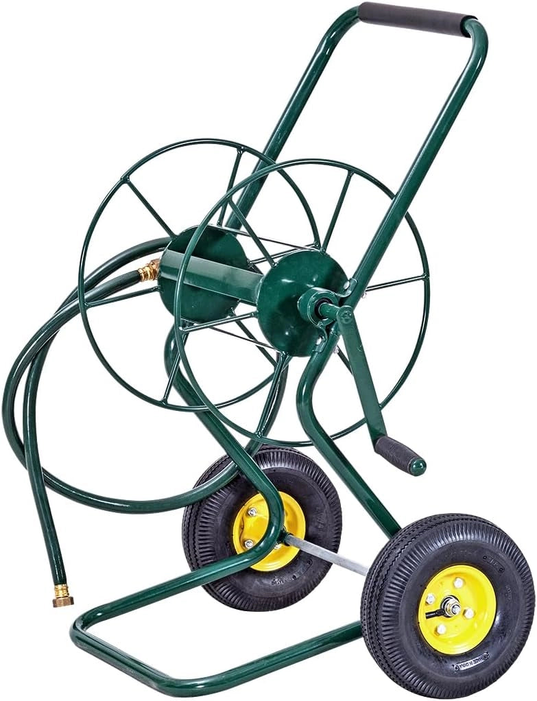 Carrello Avvolgitubo da Giardino, Avvolgitubo in Metallo con Manico e 2 Ruote Pneumatiche, per Tubi di 3/4", Fino 61 Metri, 71 x 53 x 96,5 cm, Verde