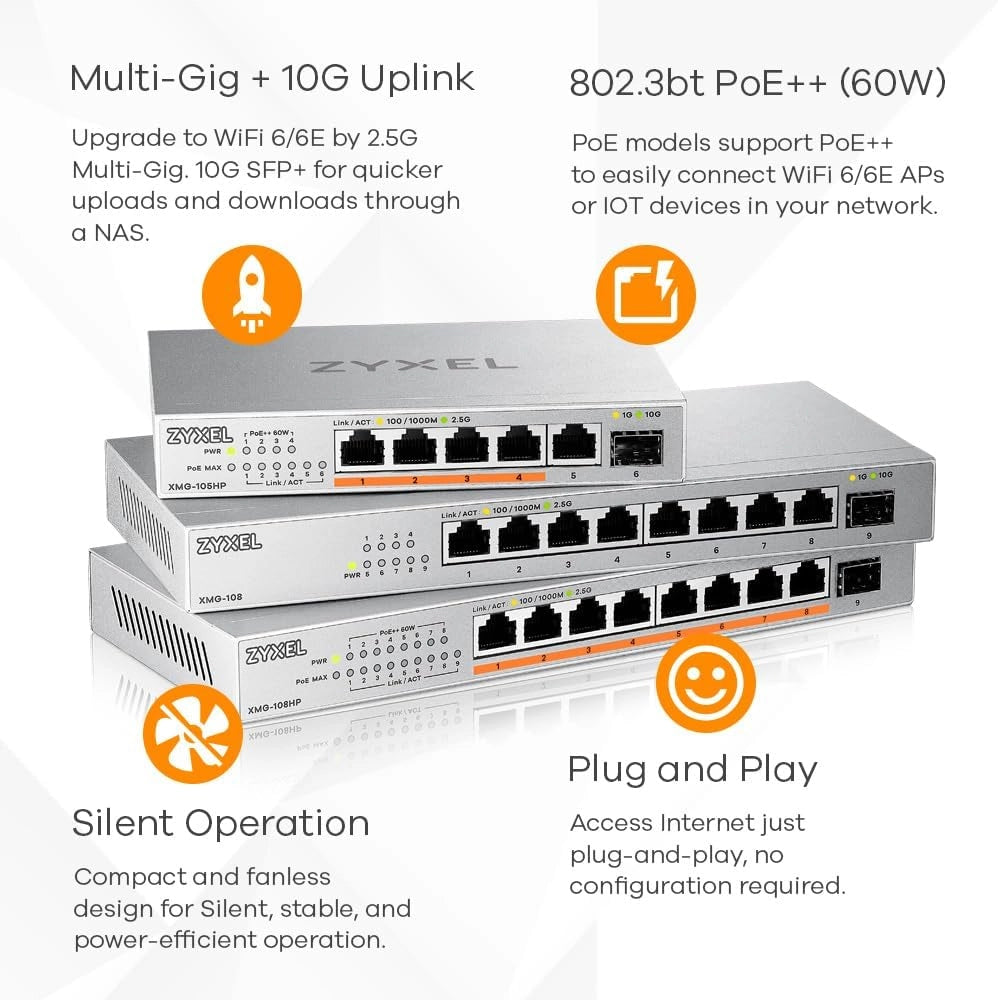 Switch PoE 8 Porte | Unmanaged Multi-Gigabit Switch Ethernet 2.5G | 8x PoE++ Budget 100W + 1x 10Gb SFP+ | Montaggio su Desktop o a Parete [XMG-108HP]