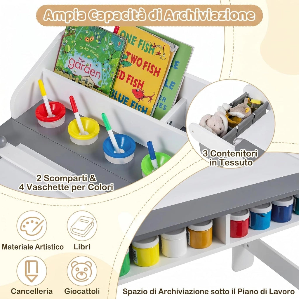 Set Tavolo e Sedia per Bambini 3+ Anni con Rotolo di Carta | Tavolo da Disegno Creativo con Vaschette per Colori e Contenitori in Tessuto, Mobile Montessori per Cameretta e Scuola