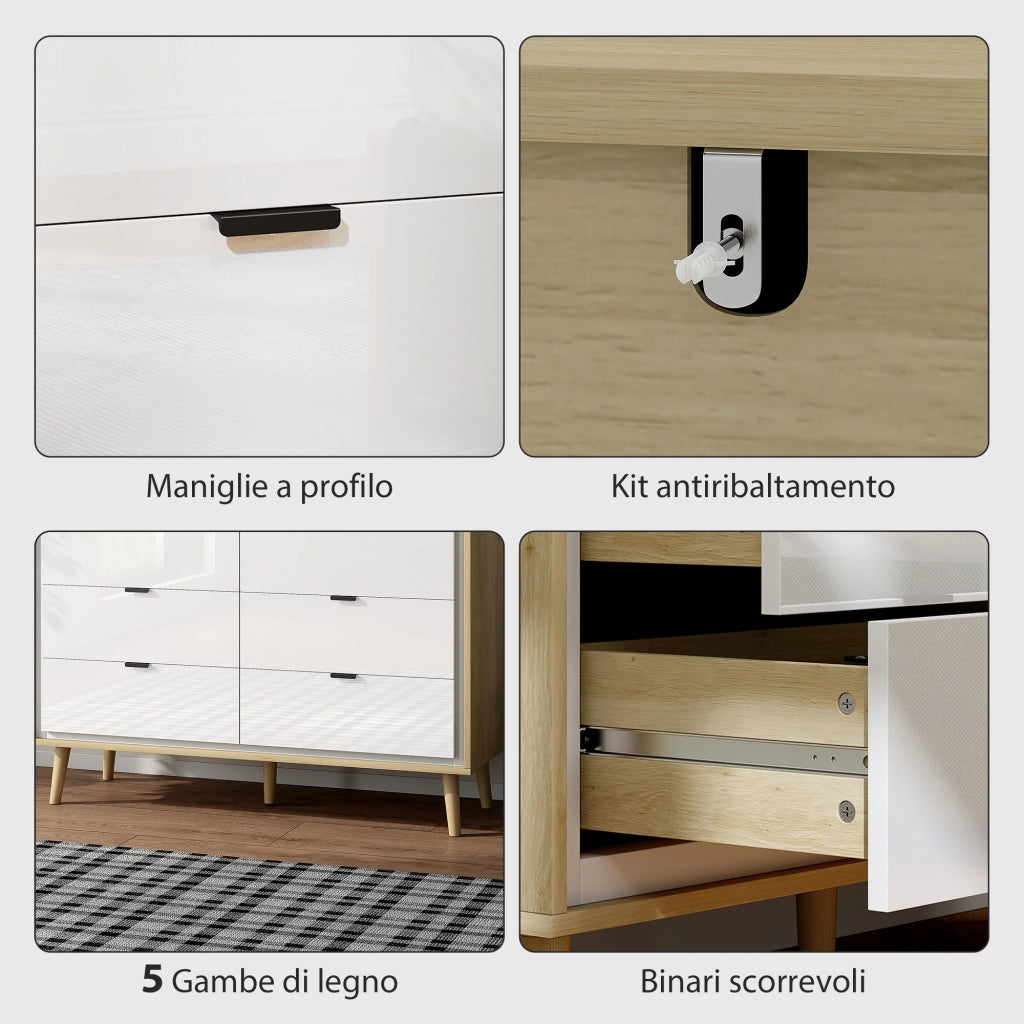 Cassettiera con 6 Cassetti in Legno per Camera da Letto. 110x40x75 cm. Bianco Lucido e Rovere